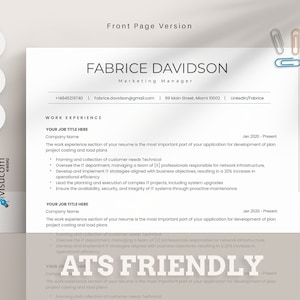 May include: A resume template with the title "Fabrice Davidson, Marketing Manager" and the text "ATS Friendly" in large, bold letters. The resume includes contact information, work experience, and skills.