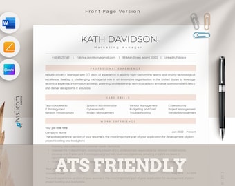 Puede incluir: Una plantilla de currículum con el texto "ATS Friendly" en letras grandes y en negrita. El currículum es para un gerente de marketing llamado Kath Davidson. El currículum incluye secciones para experiencia profesional, habilidades duras y experiencia laboral.