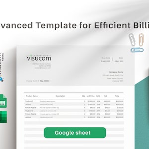 May include: A white invoice template with a green button that says "Google sheet". The invoice is for a company called "Visucom" and includes a list of products with their descriptions, quantities, unit prices, VAT, and totals. The invoice number is INV-00002.
