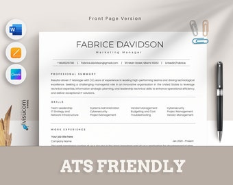 May include: A black and white CV template with the text "ATS FRIENDLY" at the bottom. The CV is for a Marketing Manager named Fabrice Davidson. The CV includes contact information, a professional summary, skills, and work experience.