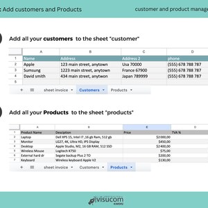 May include: A screenshot of a spreadsheet showing how to add customers and products to a customer relationship management (CRM) system. The spreadsheet has columns for name, address, address 2, and phone number. The spreadsheet also has columns for product name, description, price, and TVA%.