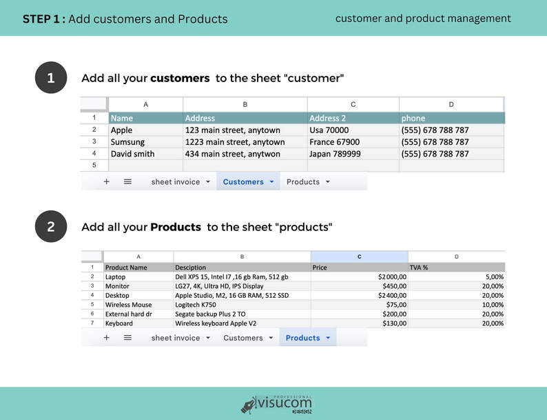 May include: A screenshot of a spreadsheet showing how to add customers and products to a customer relationship management (CRM) system. The spreadsheet has columns for name, address, address 2, and phone number. The spreadsheet also has columns for product name, description, price, and TVA%.