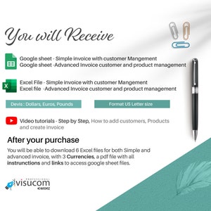 May include: A digital product listing for an invoice template. The image shows a Google Sheet icon, an Excel icon, a play button, and a pen. The text reads "You will Receive" and "After your purchase". The text also lists the features of the product, including the file types, currencies, and tutorials.