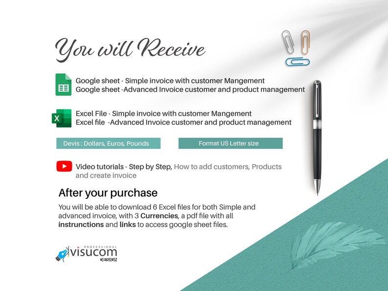May include: A digital product listing for an invoice template. The image shows a Google Sheet icon, an Excel icon, a play button, and a pen. The text reads "You will Receive" and "After your purchase". The text also lists the features of the product, including the file types, currencies, and tutorials.