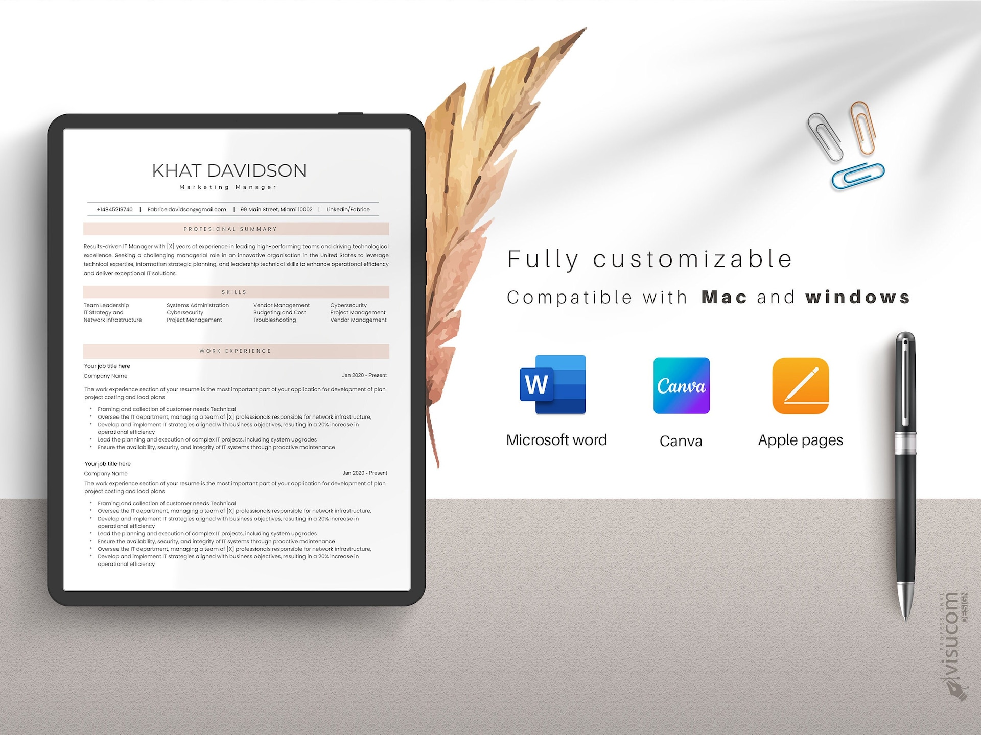 May include: A digital resume template on a tablet screen. The resume is fully customizable and compatible with Mac and Windows. Compatible with Microsoft Word, Canva, and Apple Pages.