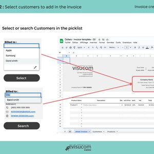 May include: A screenshot of a computer screen showing a Google Sheet with a customer invoice template. The invoice is for "VISICOM" and the invoice number is "INV-0000". The invoice is dated June 8, 2023. The invoice includes a section for customer information, product information, and a total amount due.
