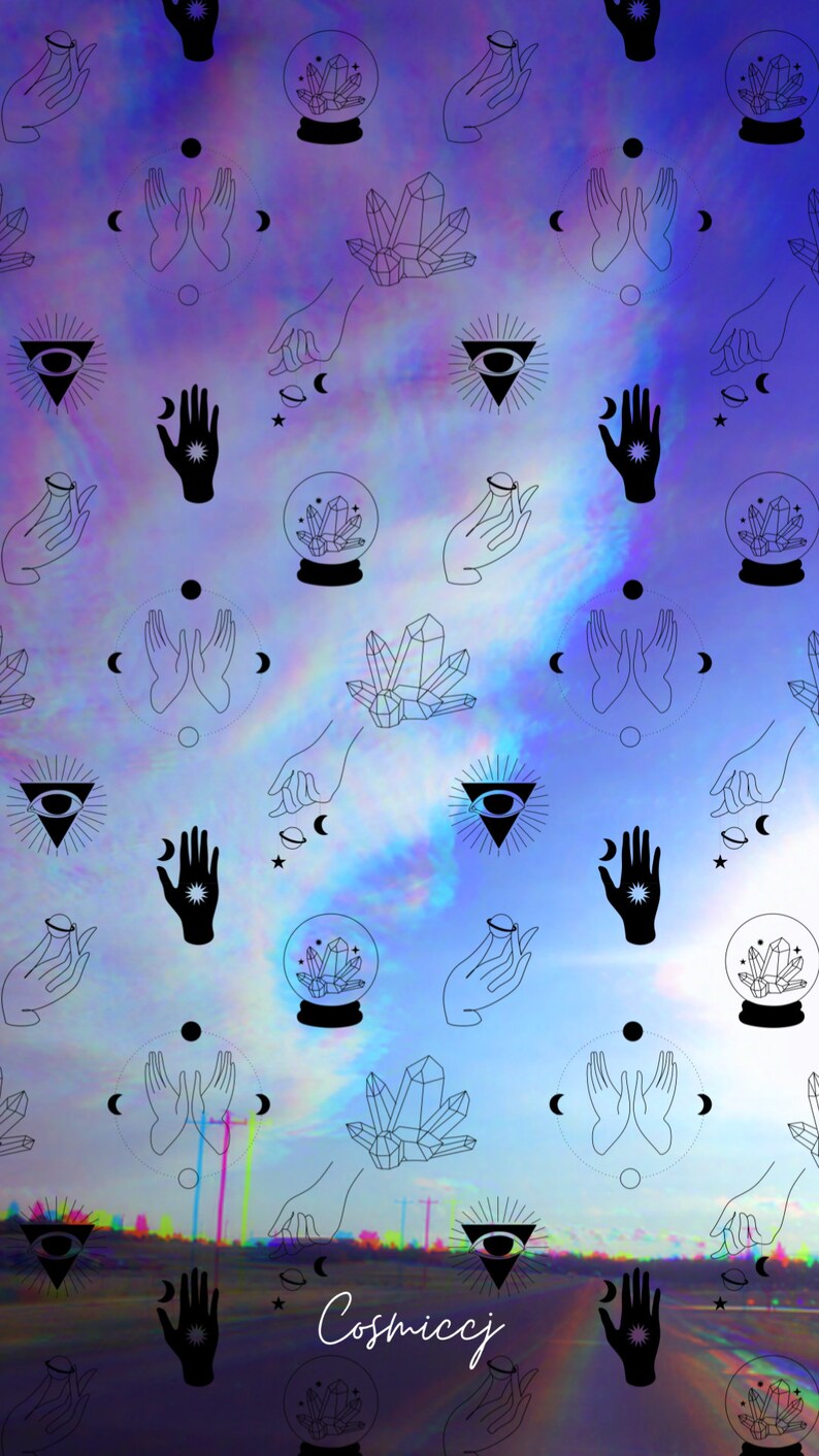 May include: A colorful, abstract background with a repeating pattern of hands, crystals, and crystal balls. The text "Cosmiccj" is at the bottom of the image.