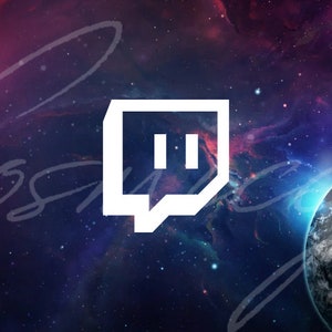 Puede incluir: Un logotipo de Twitch blanco con un fondo de galaxia púrpura y azul. El logotipo es una burbuja de diálogo con un botón de pausa en su interior. Hay dos planetas en el fondo, uno rojo y uno azul.