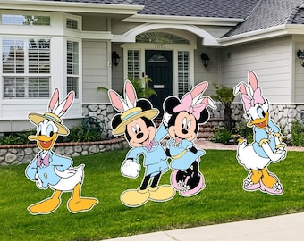 Mickey Mouse, Minnie Mouse, Daisy Duck, and Donald Duck dressed for Spring in Easter Attire yard sign cut outs