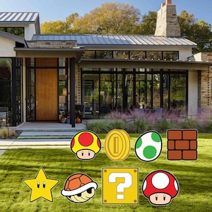 Mario Brothers Props Party Decorations Mushroom Star Turtle Shell Egg Coin Power Brick Question Mark Yard Sign Cut Out Bundle of 8