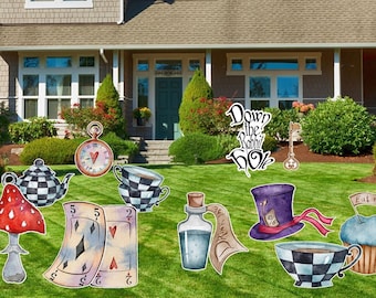 Watercolor Alice in Wonderland Tea Party Cups Checkerboard Cards Hearts Drink Me Eat Me Clock Hatter Hat Decoration Party Event Yard Sign