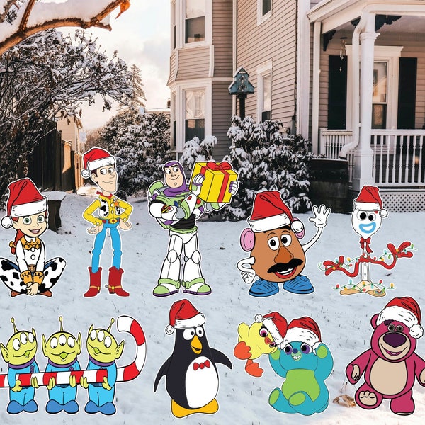 Toy Story Christmas Buzz Lightyear, Woody, Jessie, Mr. Potato Head, Alien, Lots-o-huggin, Forky, wheezy, ducky and bunny  Yard Sign Cut Outs