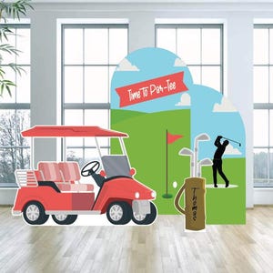May include: A red golf cart with a white steering wheel and a golf bag with the word 