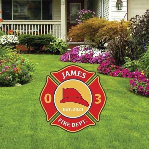 Fire Fighter Firehouse Badge Themed Birthday Party Decorations Personalized Name Age Year Yard Sign Cut Out