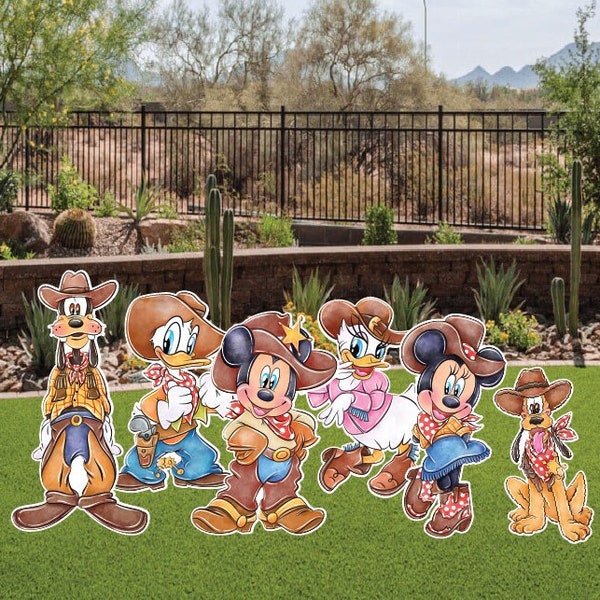 Mickey and Friends Cowboys Watercolor Western Minnie Mouse Daisy Duck Donald Duck Goofy Pluto  Themed Party Decoration Yard Sign Cut out