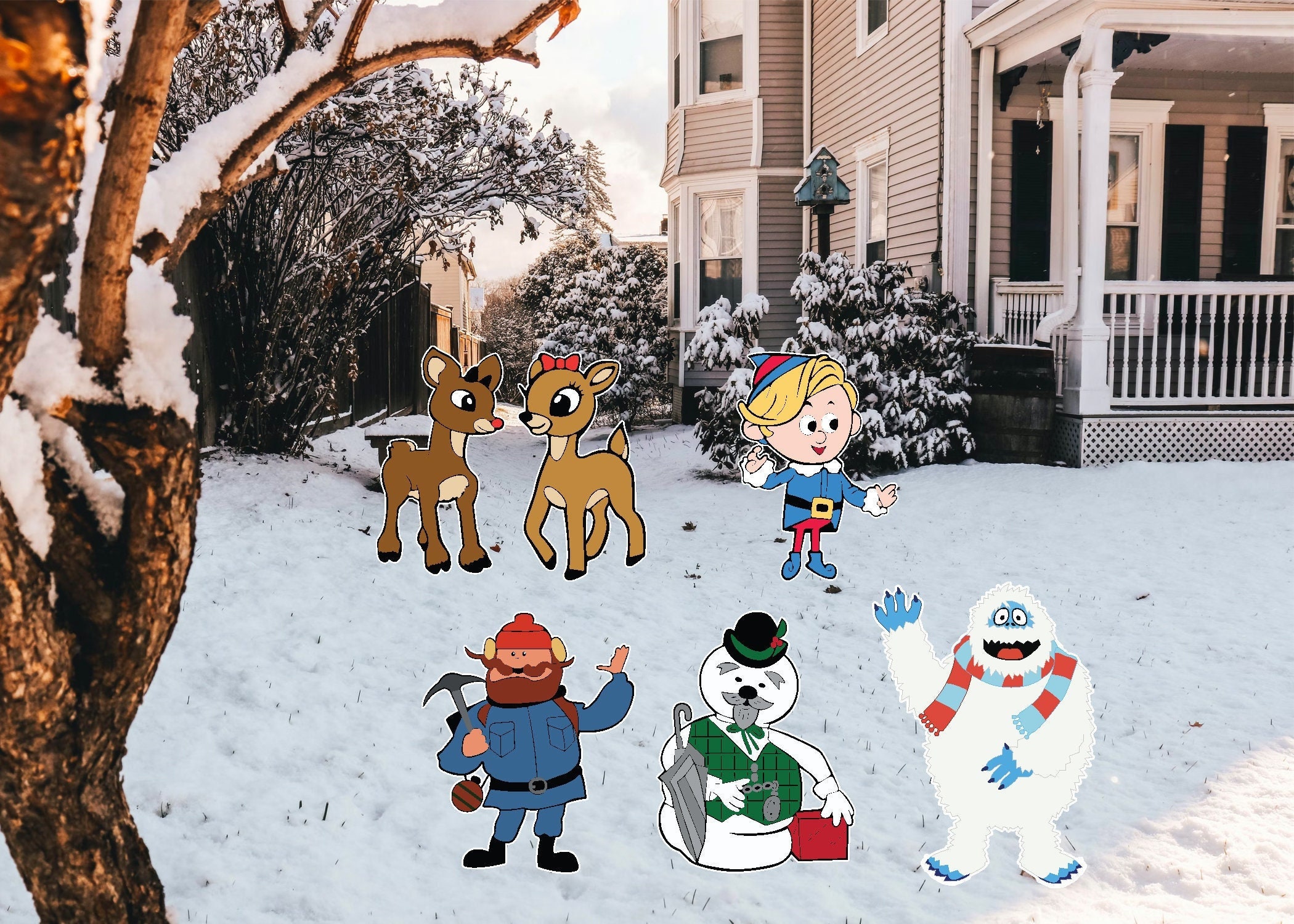 Rudolph Reindeer with clarice, Hermey the Elf, Yukon Cornelius, Sam the Snowman, Santa, and the abominable snowman yard sign cut out