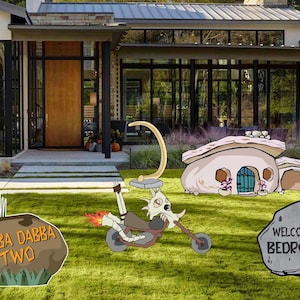 The Flinstones bedrock house, chopper motorcyle, Dinosaur Bone, Rock Boulder prehistoric yard sign cut outs