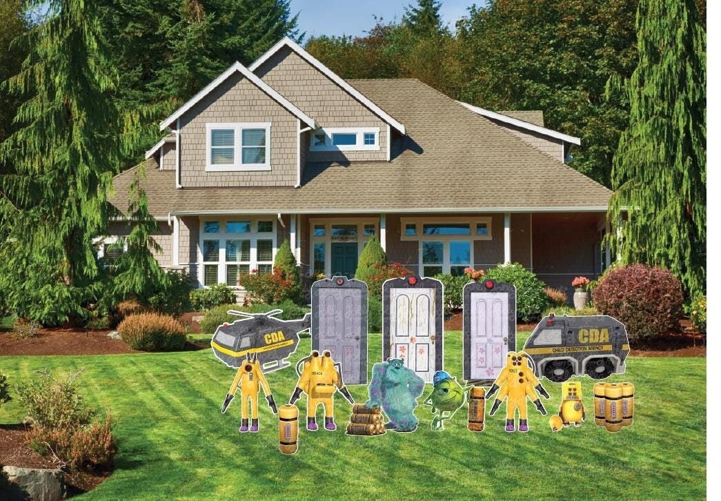 Puerta de Boo de Monsters Inc., helicóptero CDA de tamaño real, furgoneta, agentes Mike Wazowski, Sully, puerta, tanque Scream, decoración para fiesta, letrero de jardín, recortes