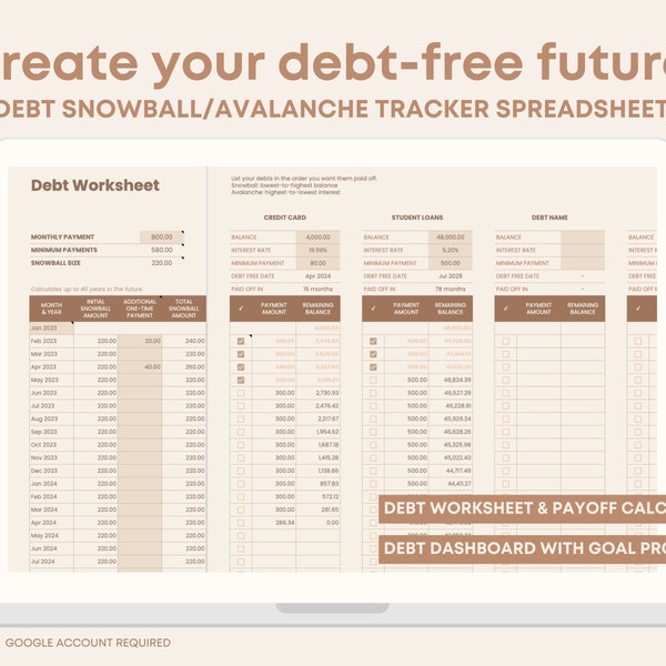 Debt Payoff Tracker Spreadsheet | Debt Free Dashboard Insights | Snowball Avalanche | Goal Progress Google Sheets | Easy Simple Minimalistic