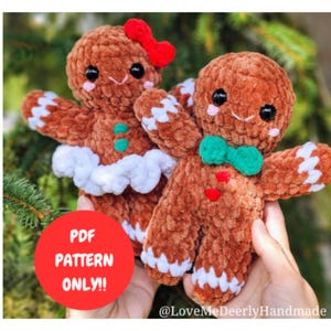 May include: A PDF pattern for crocheting two gingerbread people. One gingerbread person is wearing a red bow and the other is wearing a green bow. The pattern is available for download only.