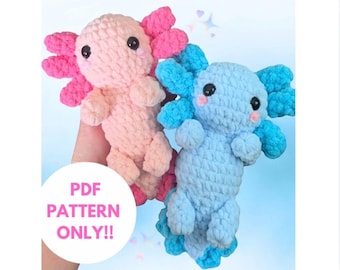 May include: PDF pattern for crocheting two axolotl plushies. One axolotl is pink with pink gills and the other is blue with blue gills.