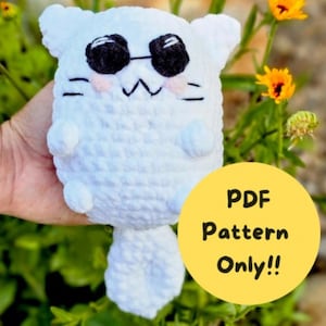 Puede incluir: Un gato blanco de crochet con gafas de sol negras y una nariz rosa. El gato sostiene un cartel que dice "PDF Pattern Only!!"