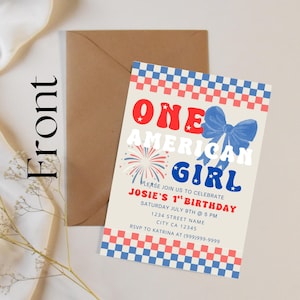 Bearbeitbar 1. Geburtstag einladen || One American Girl, 4. Juli, erste Geburtstagseinladung, bearbeitbare Canva-Vorlage, rot, weiß und blau