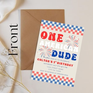 Editable 1st Birthday Invite || One American Dude, 4th of July, First Birthday invitation, Canva editable template, Red White and Blue