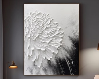 White Textured Flower Painting 3D White Flower Art Heavy Textured Floral Landscape Wall Art Black White Abstract Painting Modern Home Decor