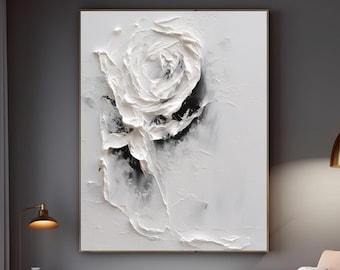 White 3D Textured Wall Art Little Black Texture Painting on Canvas White Abatract Painting Modern Wabi Sabi Art Minimalist Wall Art Decor