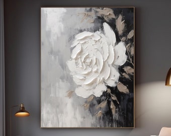 Abstract White Flower Oil Painting On Canvas 3D White Flower Textured Art Black White Minimalist Art Modern Living Room Decor Wall Art