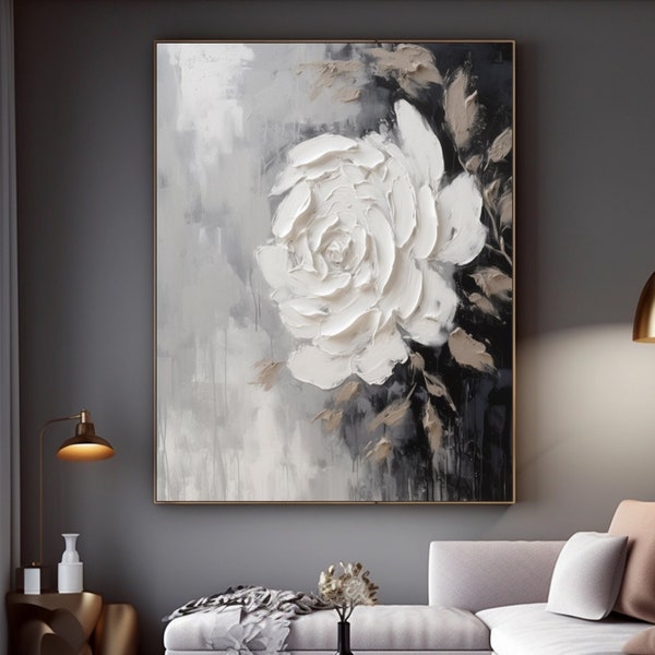 Abstract White Flower Oil Painting On Canvas 3D White Flower Textured Art Black White Minimalist Art Modern Living Room Decor Wall Art
