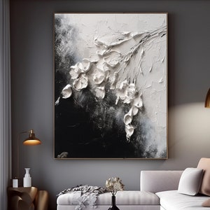 Black White Abstract Textured Painting 3D White Flower Textured Art White Minimalist Art Floral Landscape Modern Palette Knife Painting Art