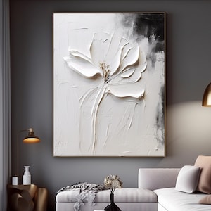 Original White Texture Abstract Flower oil Painting On Canvas Modern Floral Texture Acrylic Painting Floral Wall Art Boho Living Room Art