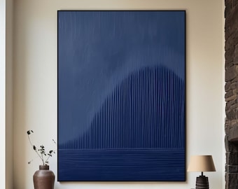 Grande peinture bleue, art minimaliste moderne, peinture abstraite bleue, texture bleue, art mural bleu, décoration murale de salon, peinture murale bleue, art bohème bleu