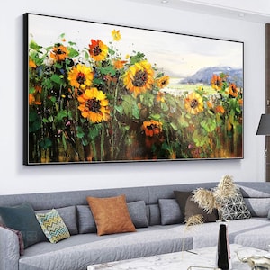 Large Original Yellow Sunflower Landscape Oil Painting Blossom Sunflower Painting Modern Textured Floral Painting Living Room Wall Art Decor