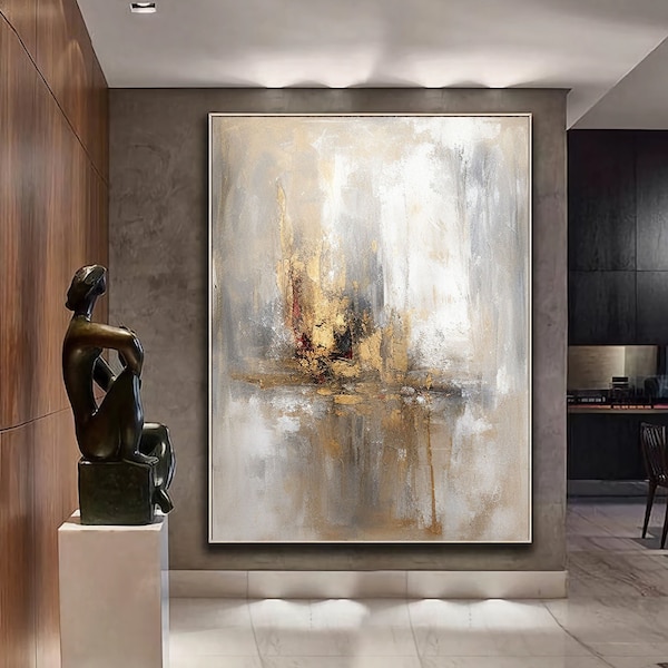 Large Original Grey Beige Gold Abstract Painting Minimalist Abstract Texture Art Modern Wall Painting Abstract Landscape Painting Wall Art