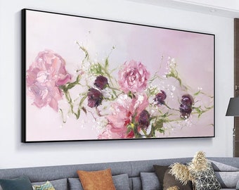 Large Original Flower Painting, Pink Flower Painting Purple Floral Acrylic Painting Floral Wall Art Living Room Wall Art Decor Sofa Wall Art