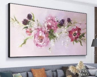 Pintura al óleo de flor de flor 3d abstracta grande sobre lienzo, pintura de flor rosa, pintura acrílica floral moderna, decoración de arte de pared de sala de estar