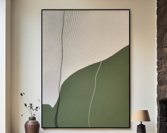 May include: Abstract art print with a white and green color scheme. The print features a curved line that separates the white and green sections. The print is framed in a black frame and is hanging on a white wall.