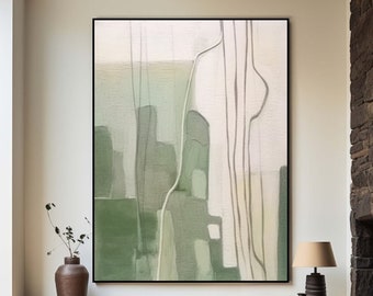 Puede incluir: Pintura abstracta con fondo blanco y formas verdes y grises. La pintura tiene un estilo moderno y minimalista.