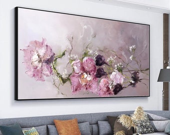 Pintura al óleo de flores sobre lienzo, pintura floral abstracta con textura, pintura floral moderna original, decoración de pared moderna para sala de estar