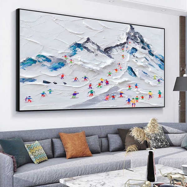 Original Ski Sport Malerei Textur Ölgemälde, Skifahrer auf verschneiten Berg Kunst weißer Schnee Skifahren Kunst, Textur Wandkunst personalisierte Geschenk