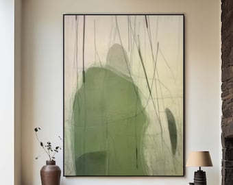 May include: Abstract art print with a green and white color scheme. The print features a large, abstract shape in the center, surrounded by thin, vertical lines. The background is a light, neutral color.