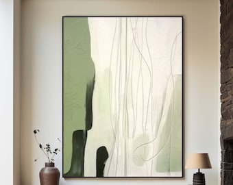 Large Original Green Abstract Painting White Minimalist Wall Art Green Textured Art Modern Green Wall Painting Boho Livingroom Painting