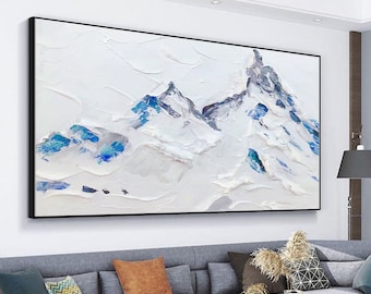 Ski Sport Painting Large White Abstract Painting Skiing on Snow Art White Textured Wall Art Snowy Mountain Art Decor Living Room Wall Art