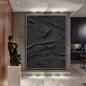 Großes reines schwarzes strukturiertes abstraktes Gemälde Schwarzes 3D Gips Minimalistische Malerei Moderne Texturmalerei auf Leinwand Boho-Wanddekor