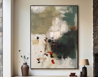 Large Green Beige Minimalist Abstract Painting Modern Green Wall Art Beige Painting Red Canvas Wall Painting Original Mid Century Wall Decor