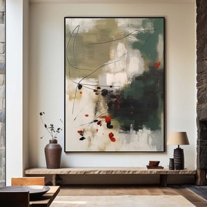 Grande dipinto astratto minimalista verde beige, moderno dipinto da parete verde, dipinto beige, dipinto da parete su tela rossa, originale decorazione da parete di metà secolo