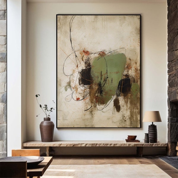 Green Beige Abstract Painting Green Minimalist Wall Art Beige Wabi Sabi Wall Art Modern Green Boho Wall Art Original Mid Century Wall Decor